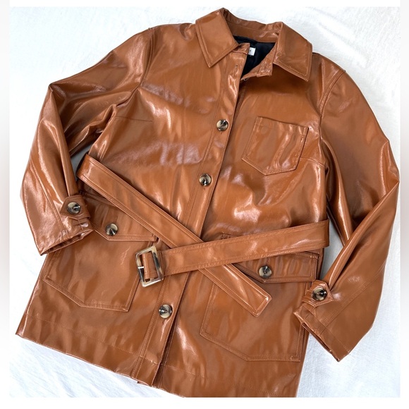 Topshop Jackets & Blazers - Topshop Women Casey Brown Belted Glossy High Impact Button Front Vegan Jacket